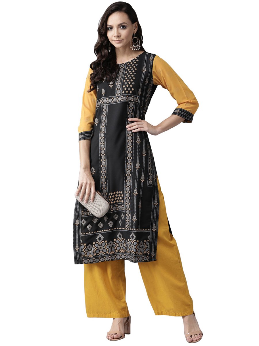 Ahalyaa Black & Grey Screen Print Straight Kurta | Swadesiicart