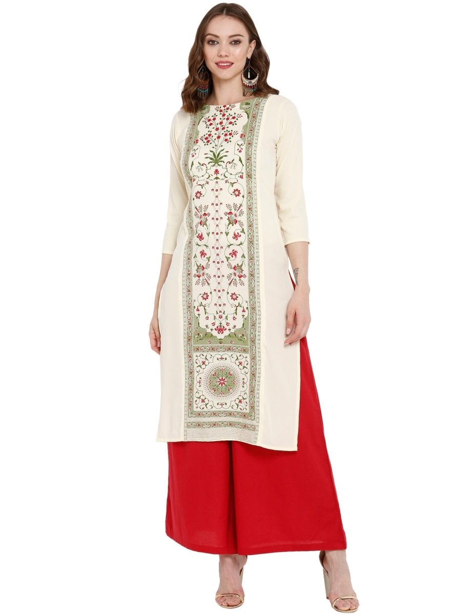 Ahalyaa Women Cream-Coloured Printed Straight Kurta | Swadesiicart