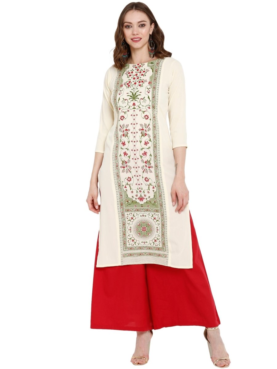 Ahalyaa Women Cream-Coloured Printed Straight Kurta | Swadesiicart
