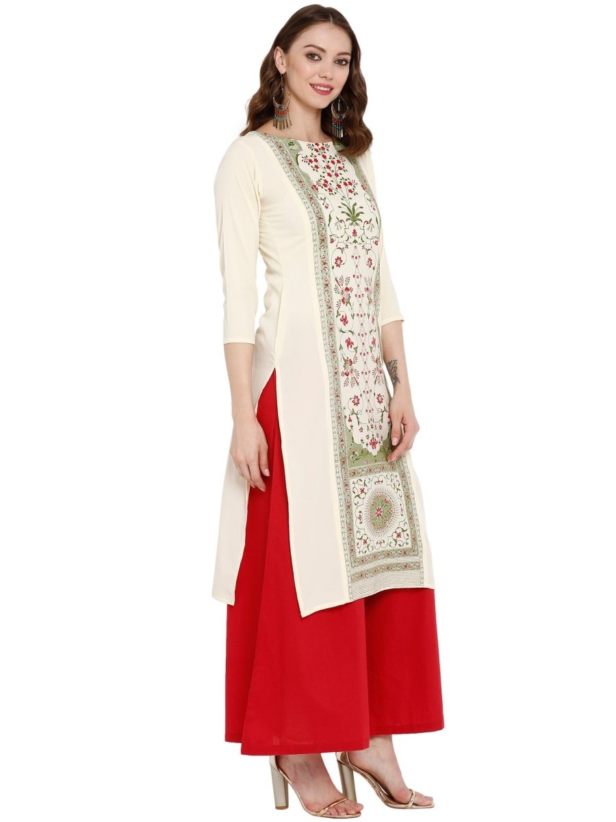 Ahalyaa Women Cream-Coloured Printed Straight Kurta | Swadesiicart