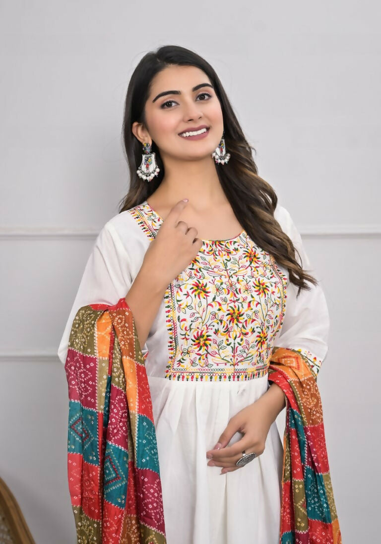 White Viscose Silk Embroidery with Thread and sequence Stitched Suit With Dupatta - Tanisha | Swadesiicart