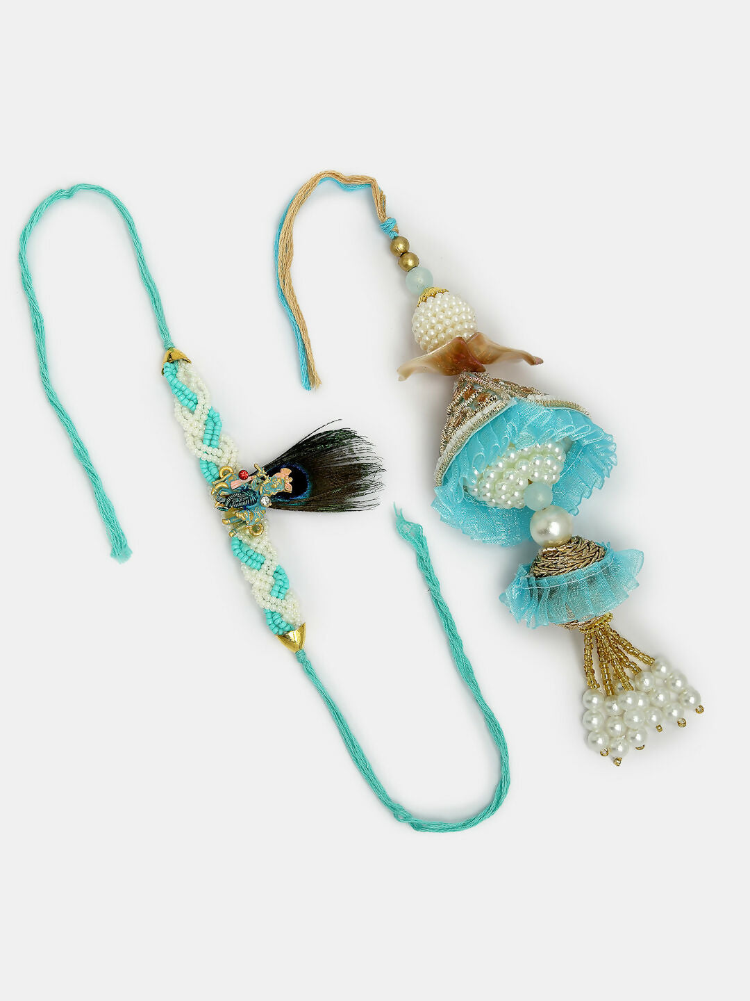 NVR Women & Men Set of 2 Blue Krishna Pearl Bhaiya Bhabhi Rakhi With Roli Chawal & Chocolate | Swadesiicart