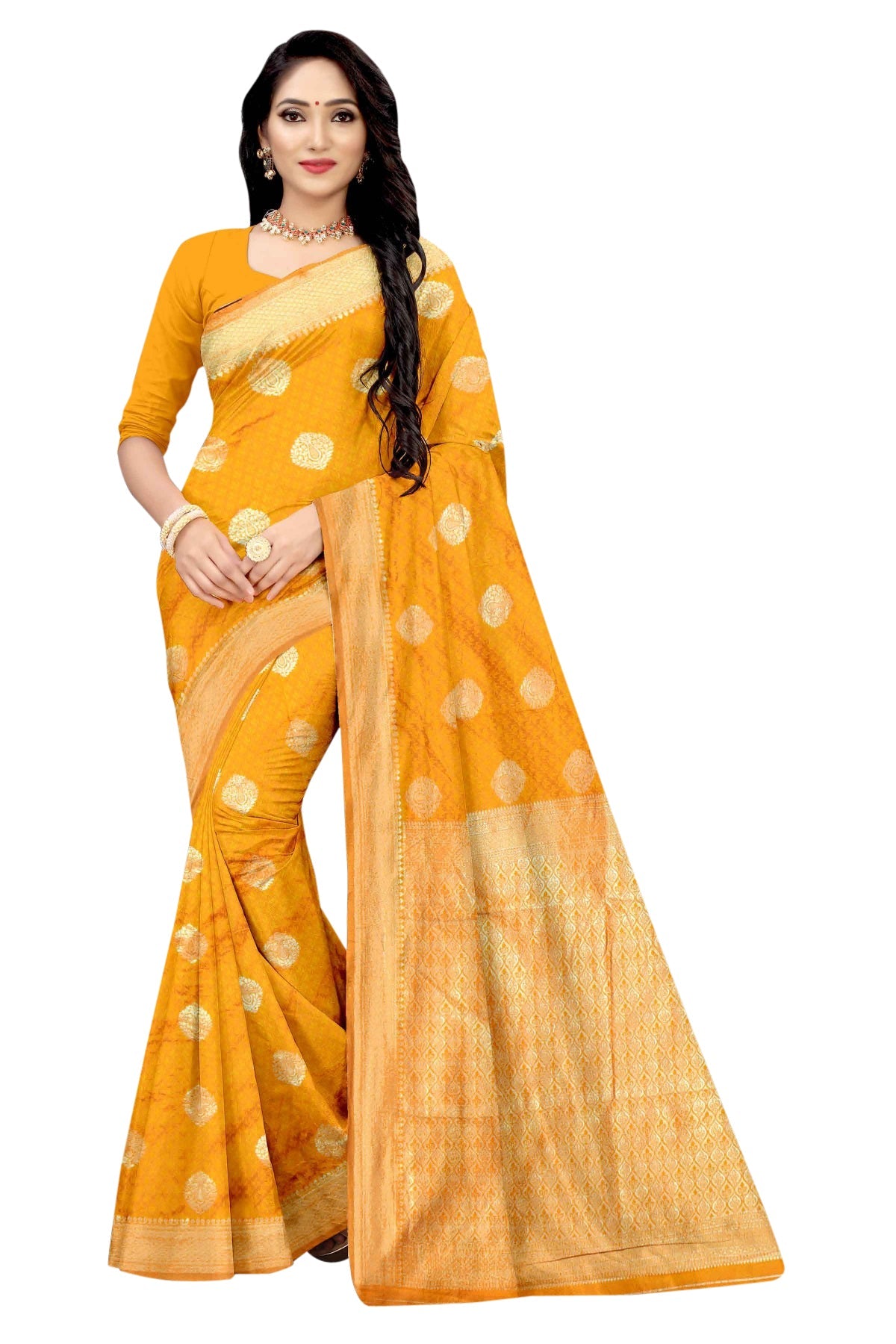 Vamika Mustard Weaving Banarasi Jacquard Saree | Swadesiicart