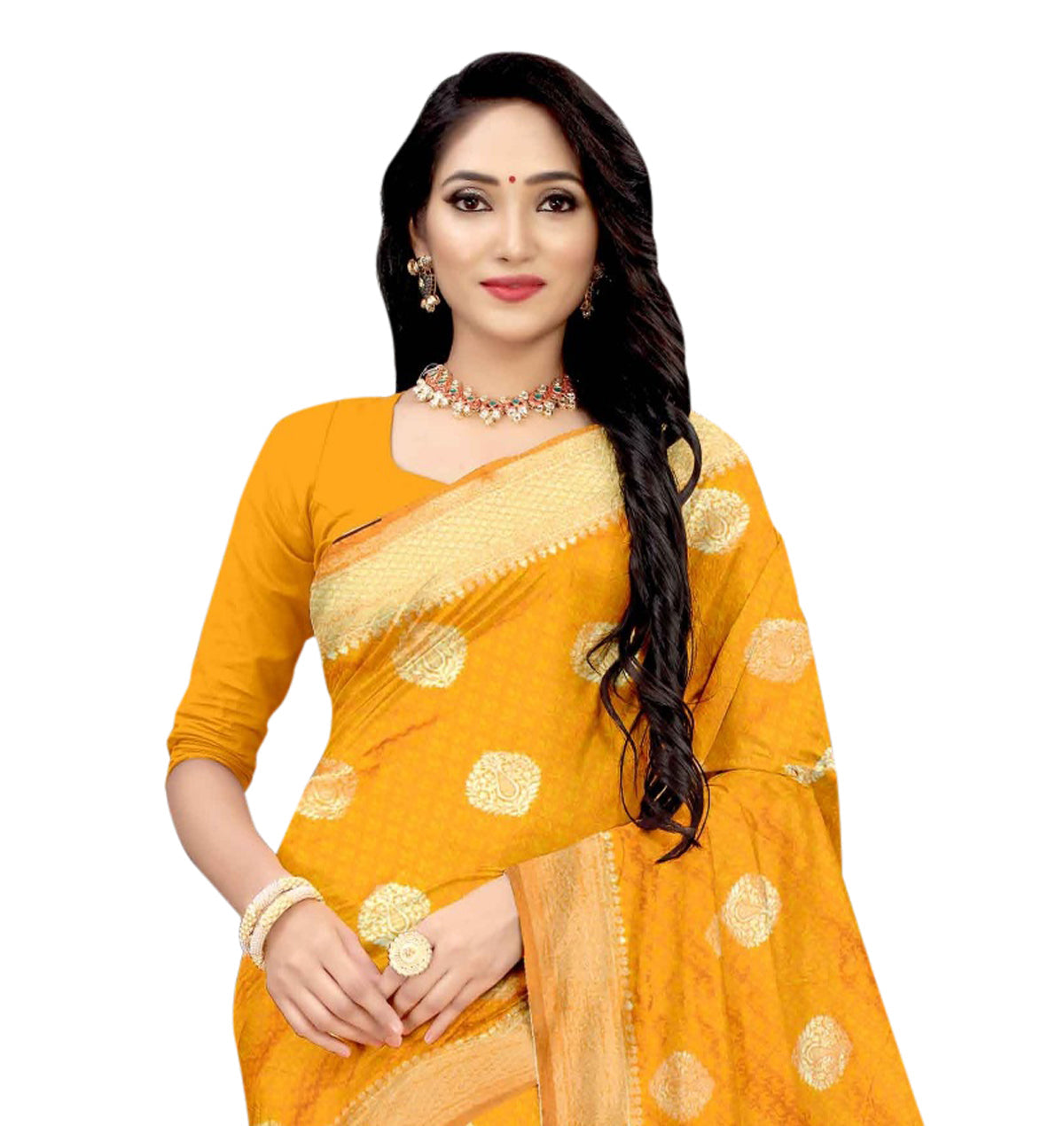 Vamika Mustard Weaving Banarasi Jacquard Saree | Swadesiicart