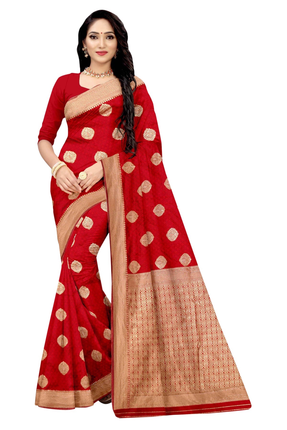 Vamika Red Weaving Banarasi Jacquard Saree | Swadesiicart