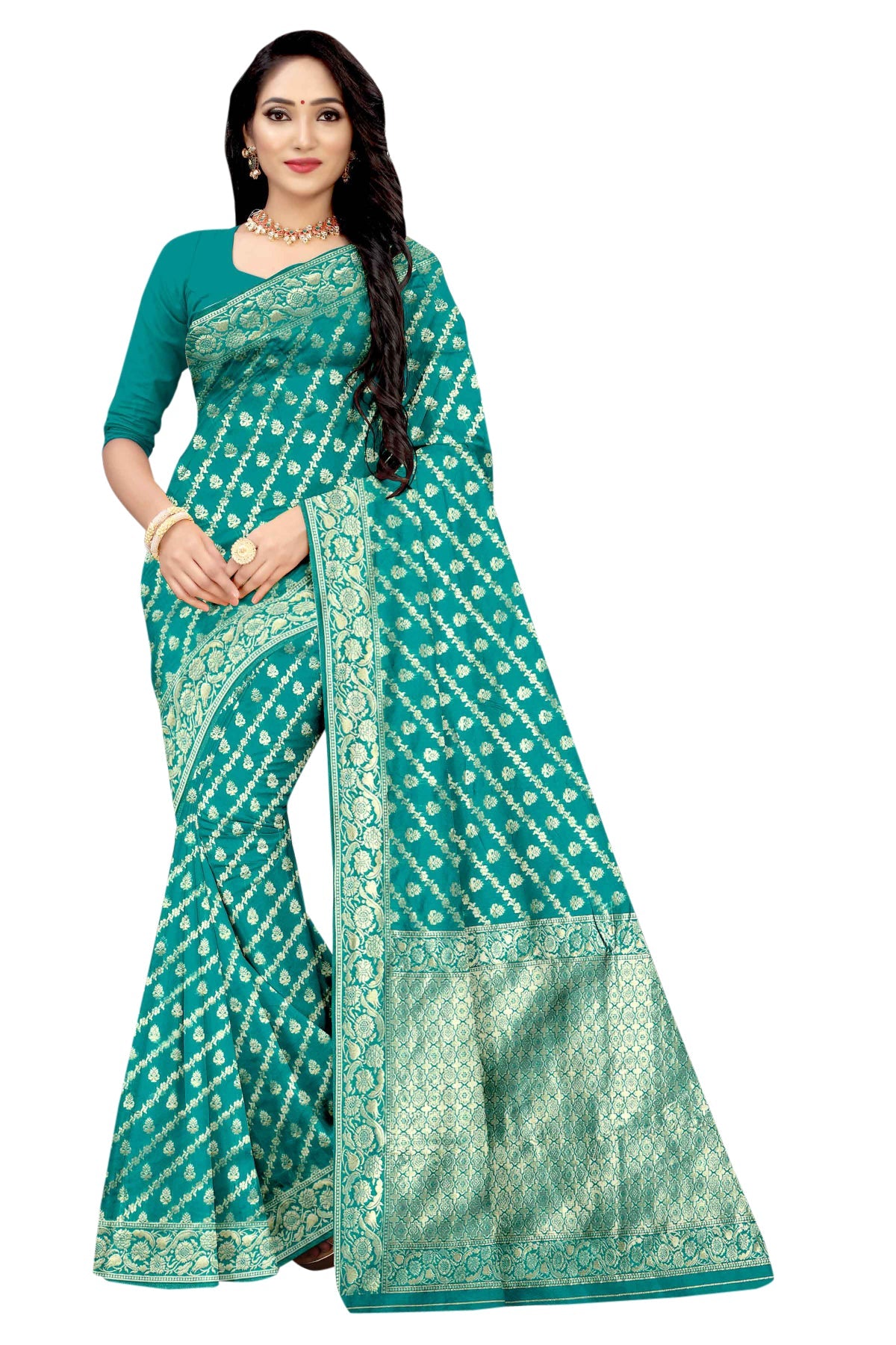 Vamika Rama Green Weaving Banarasi Jacquard Saree | Swadesiicart
