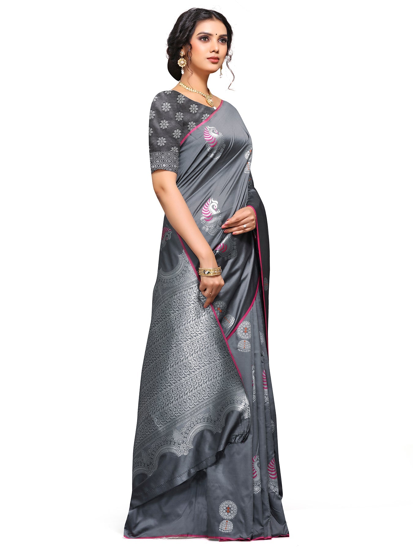 Vamika Weaving Banarasi Jacquard Grey Kanjivaram Saree | Swadesiicart