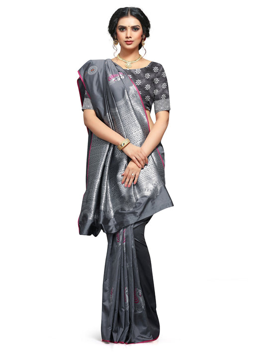 Vamika Weaving Banarasi Jacquard Grey Kanjivaram Saree | Swadesiicart