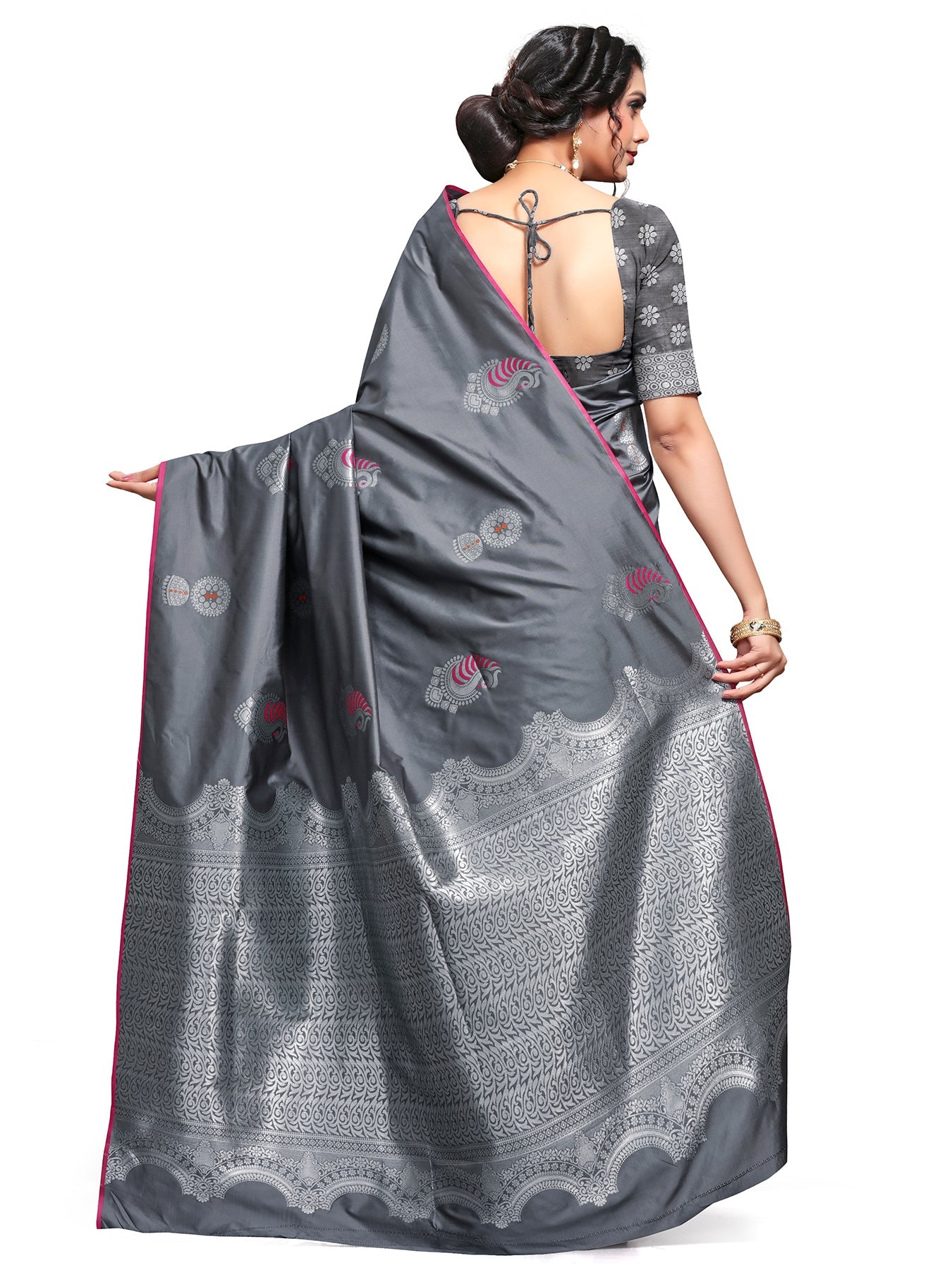 Vamika Weaving Banarasi Jacquard Grey Kanjivaram Saree | Swadesiicart