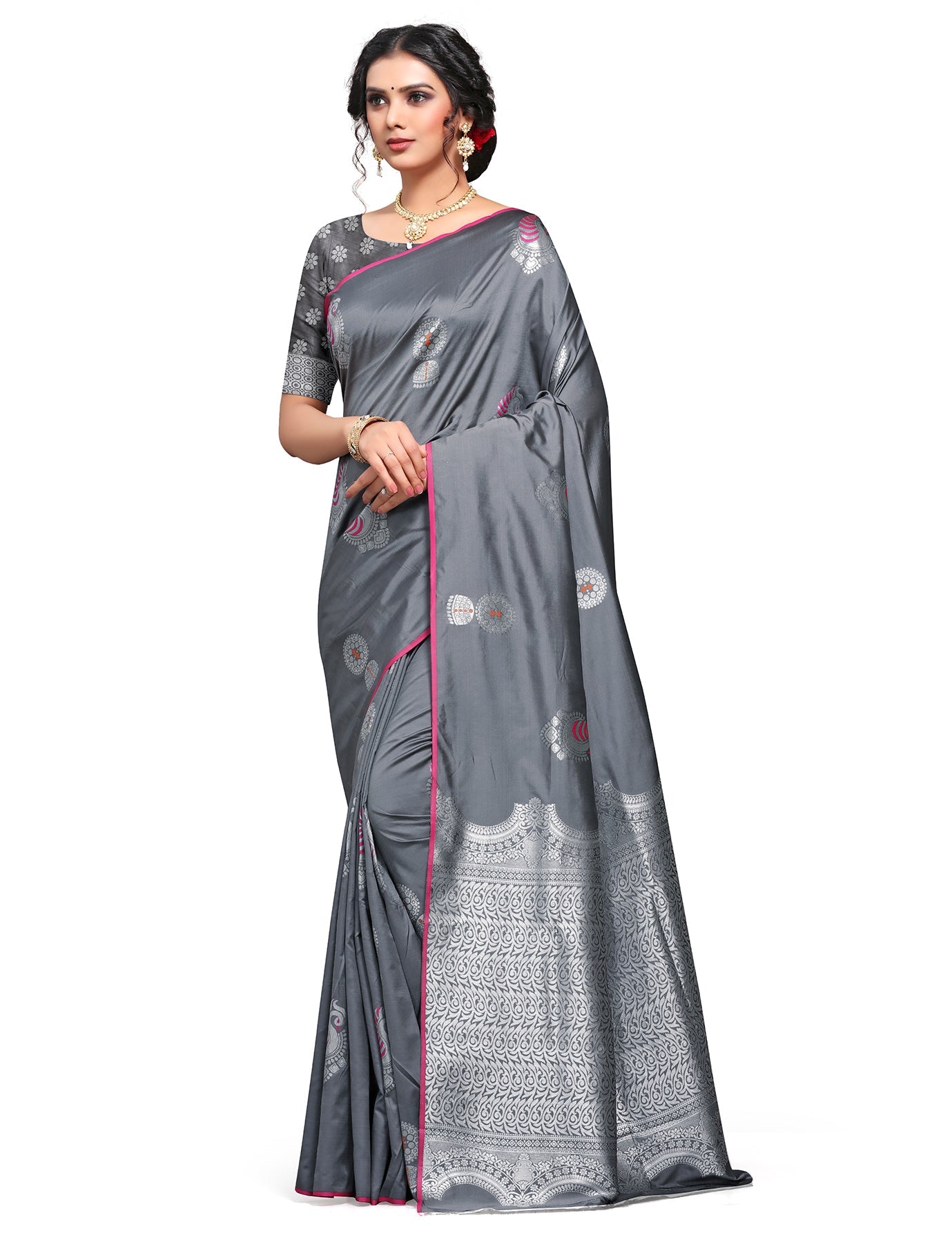 Vamika Weaving Banarasi Jacquard Grey Kanjivaram Saree | Swadesiicart
