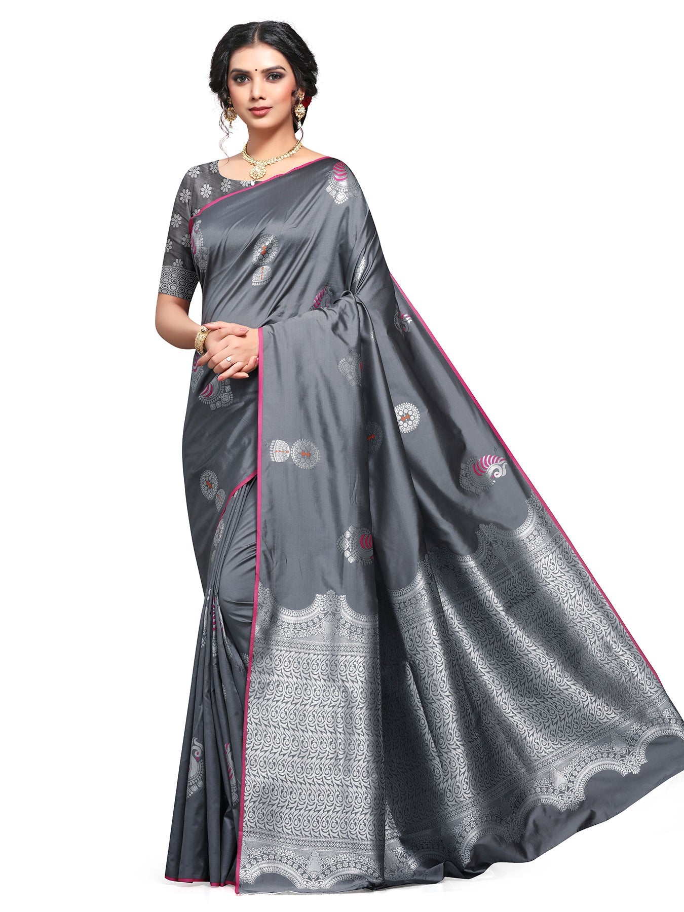 Vamika Weaving Banarasi Jacquard Grey Kanjivaram Saree | Swadesiicart