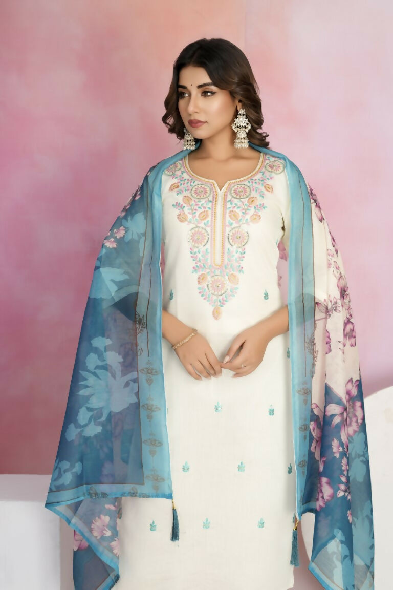 Ethnic Festive Wear Viscose Chanderi Off White Stitched Suit With Dupatta - Tanisha | Swadesiicart
