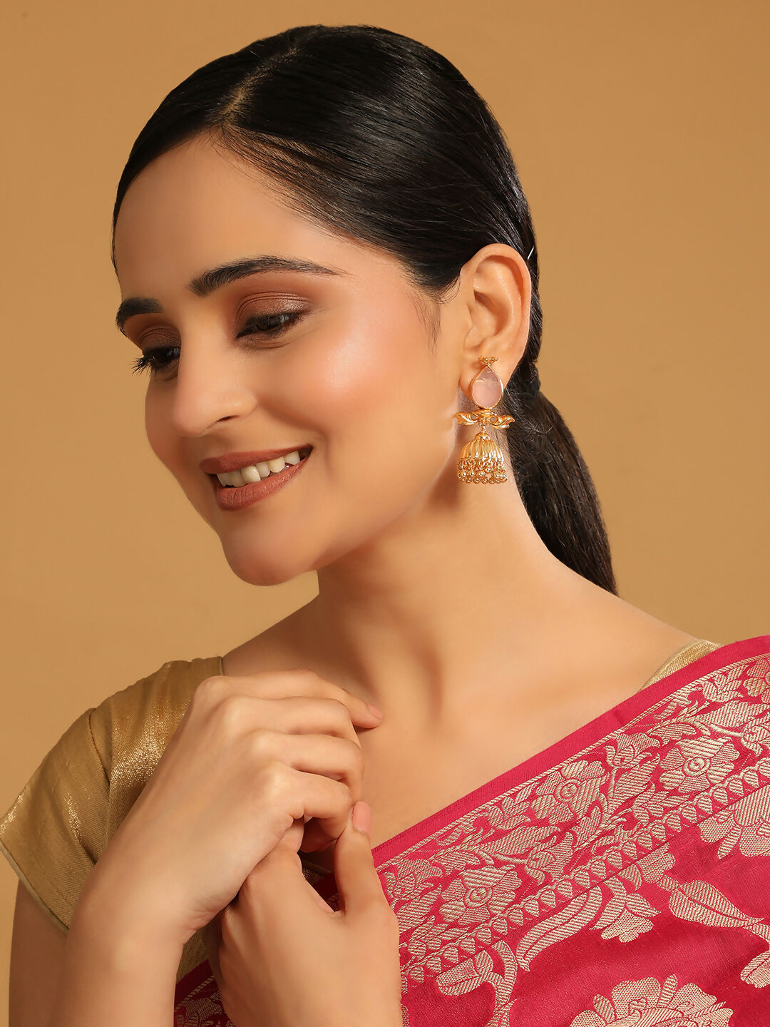 Nuyug 22K Gold Plated Rose Quartz Stone Studded Ethnic Jhumkas | Swadesiicart