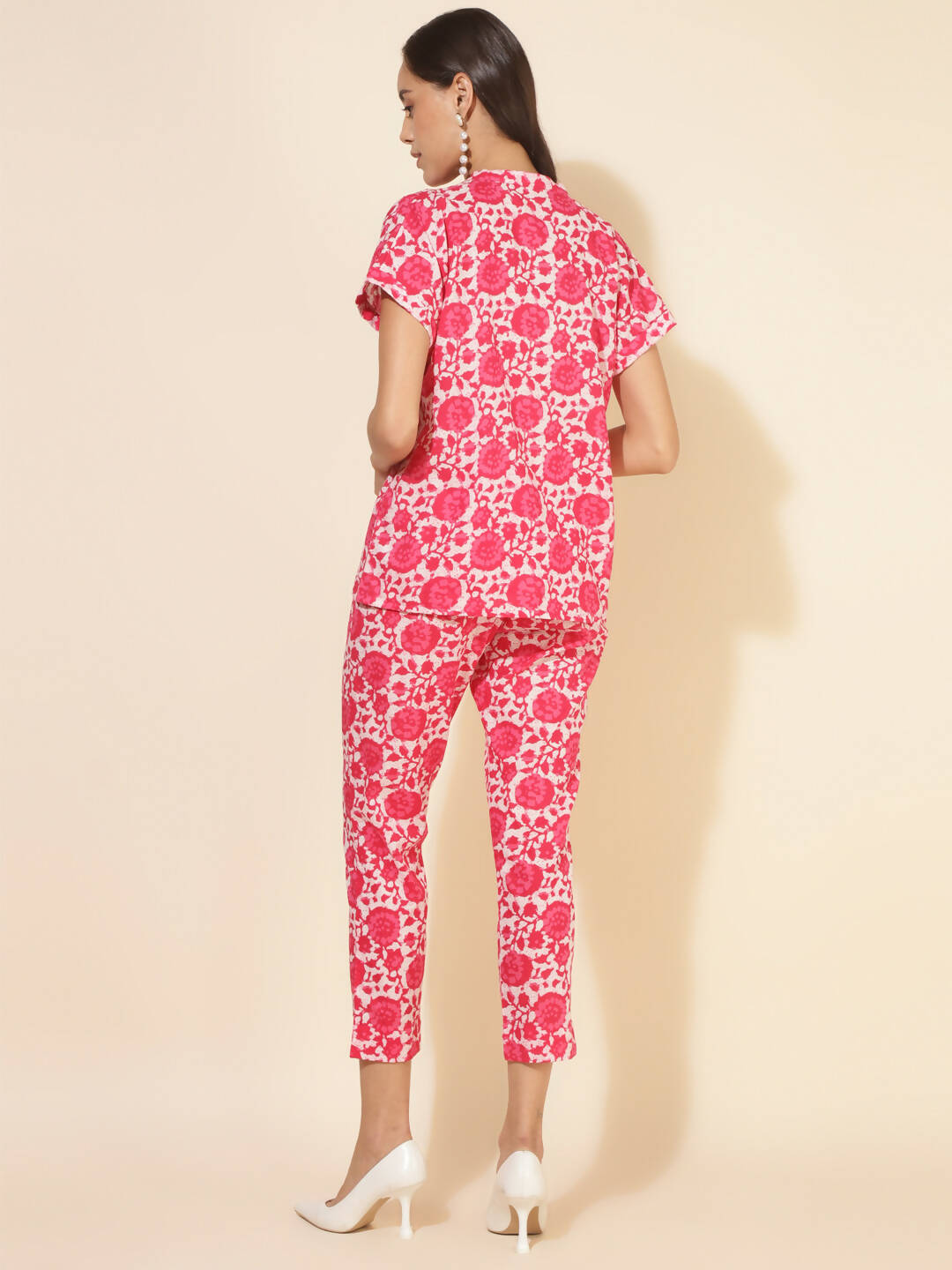 Janasya Women's Pink and White Cotton Printed Casual Regular Co-ords - Swadesiicart
