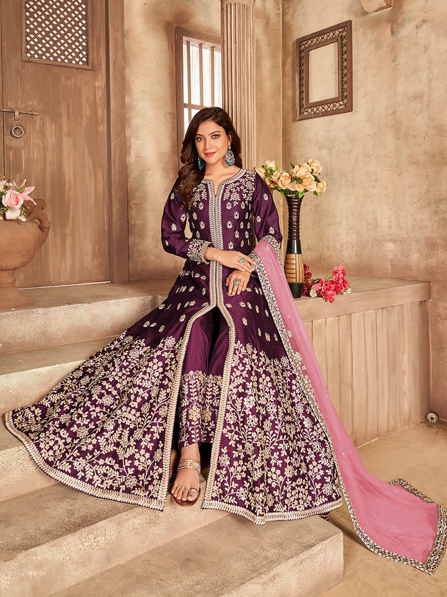 Myra Wine Art silk Embroidered Pant Style Anarkali Suit | Swadesiicart