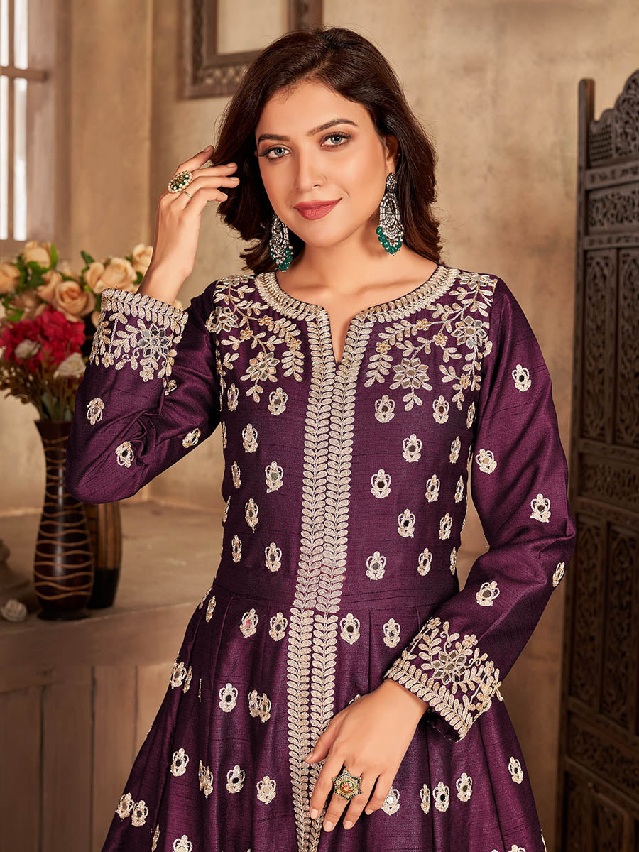 Myra Wine Art silk Embroidered Pant Style Anarkali Suit | Swadesiicart