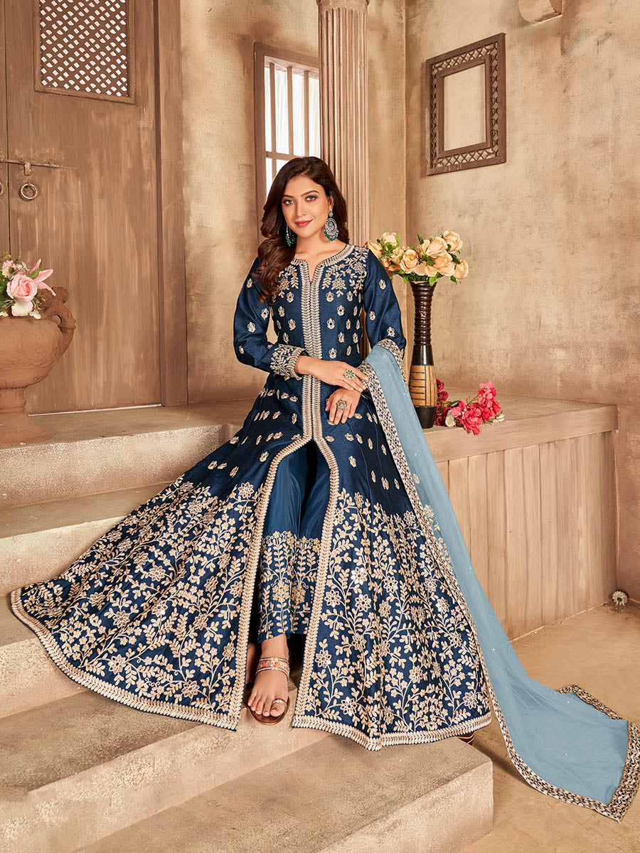 Myra Teal Art silk Embroidered Pant Style Anarkali Suit | Swadesiicart