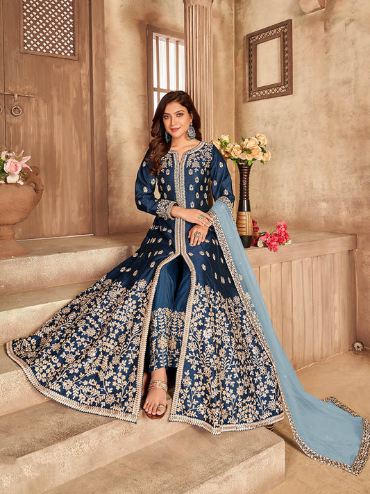 Myra Teal Art silk Embroidered Pant Style Anarkali Suit | Swadesiicart