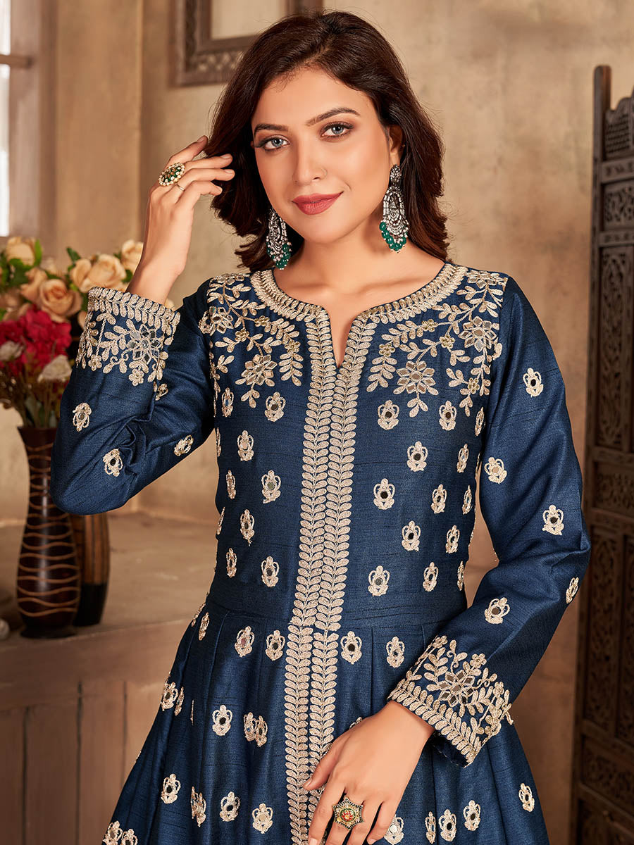 Myra Teal Art silk Embroidered Pant Style Anarkali Suit | Swadesiicart