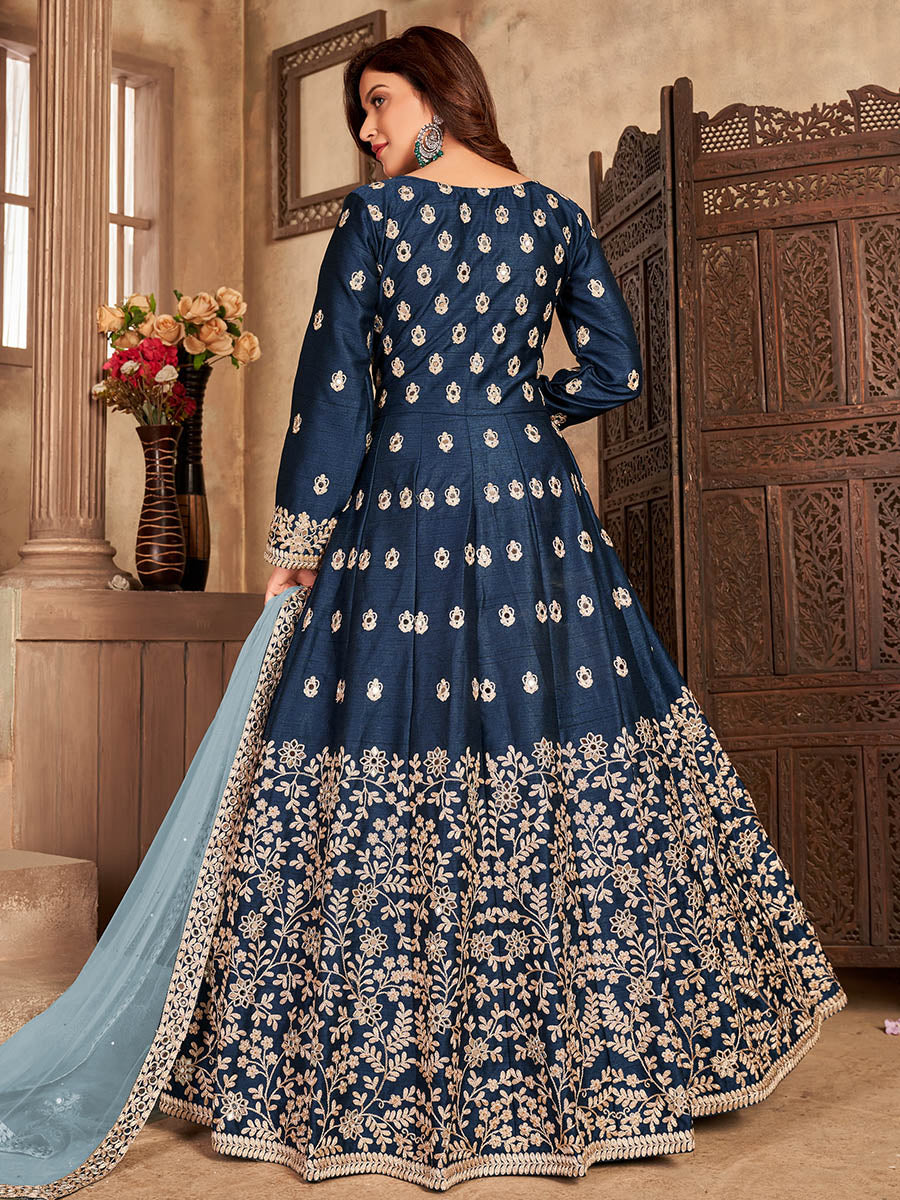 Myra Teal Art silk Embroidered Pant Style Anarkali Suit | Swadesiicart