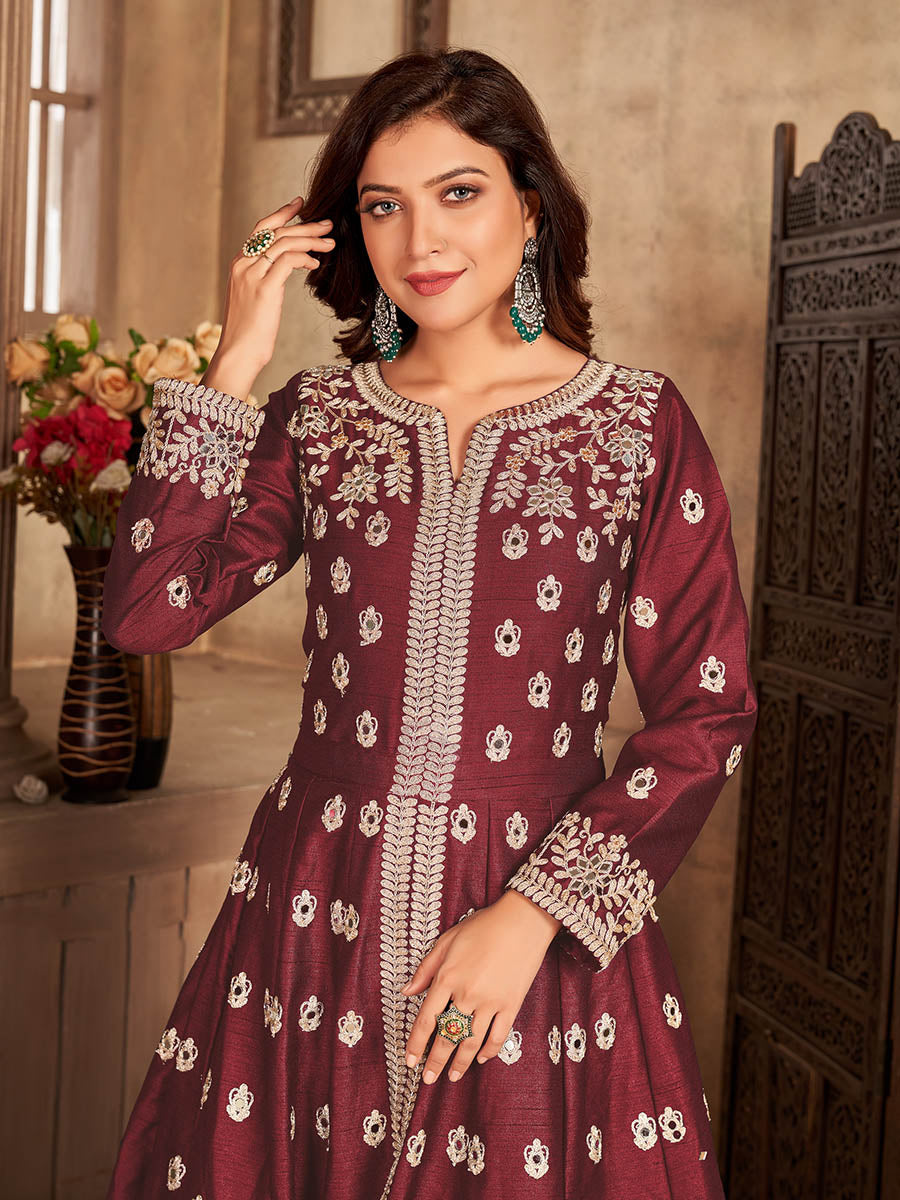 Myra Maroon Art silk Embroidered Pant Style Anarkali Suit | Swadesiicart