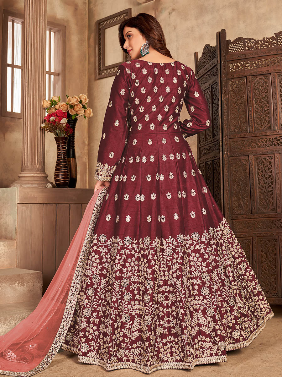 Myra Maroon Art silk Embroidered Pant Style Anarkali Suit | Swadesiicart