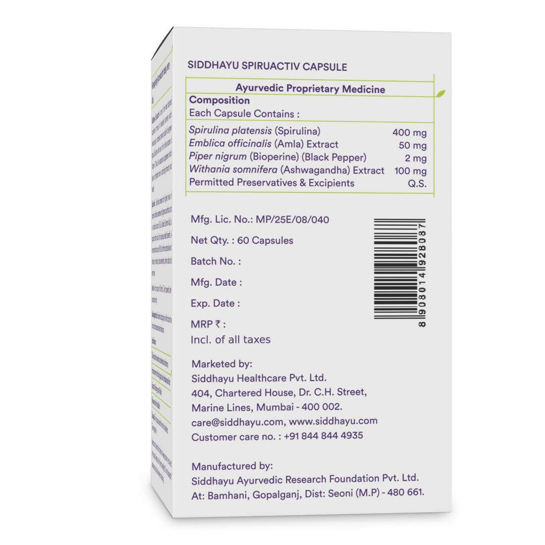 Siddhayu Ayurveda Spiruactiv Capsules with Spirulina - Swadesiicart