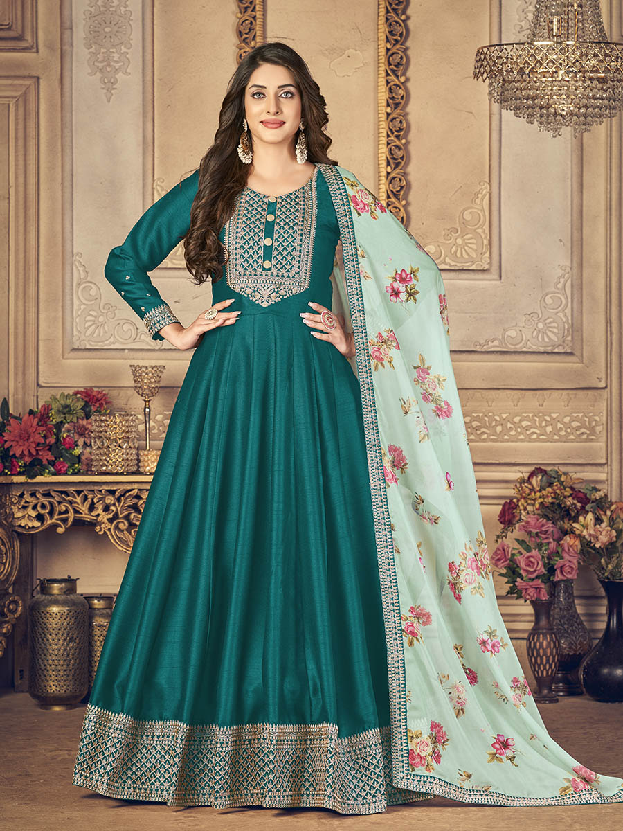 Myra Rama Green Silk Slub Embroidered Anarkali Suit | Swadesiicart