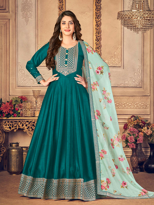 Myra Rama Green Silk Slub Embroidered Anarkali Suit | Swadesiicart