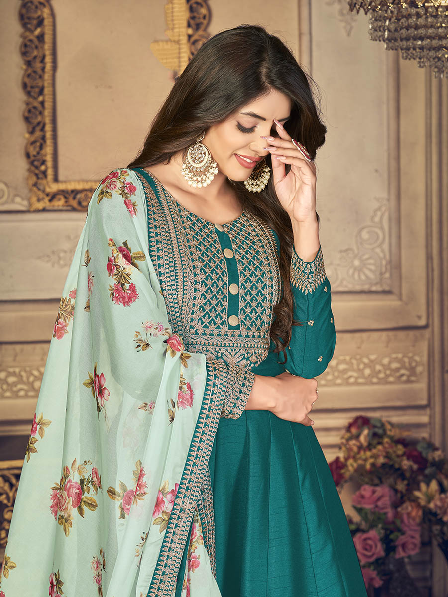 Myra Rama Green Silk Slub Embroidered Anarkali Suit | Swadesiicart