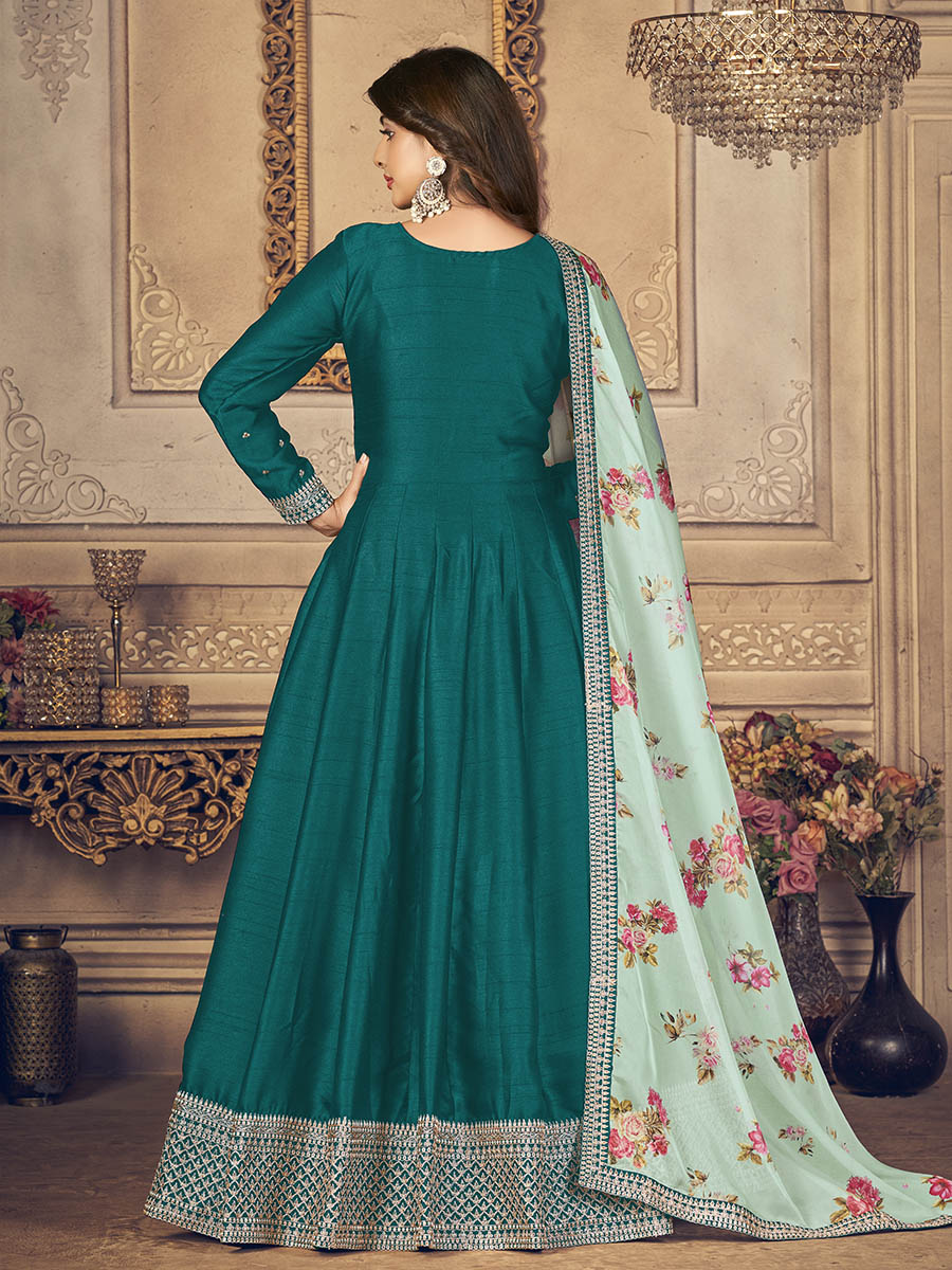 Myra Rama Green Silk Slub Embroidered Anarkali Suit | Swadesiicart