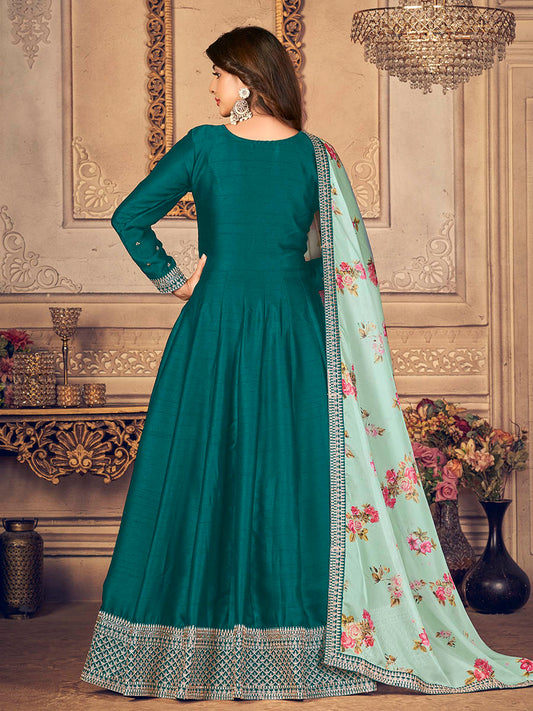 Myra Rama Green Silk Slub Embroidered Anarkali Suit | Swadesiicart