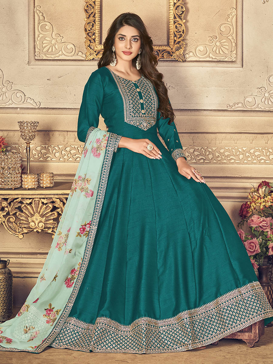 Myra Rama Green Silk Slub Embroidered Anarkali Suit | Swadesiicart