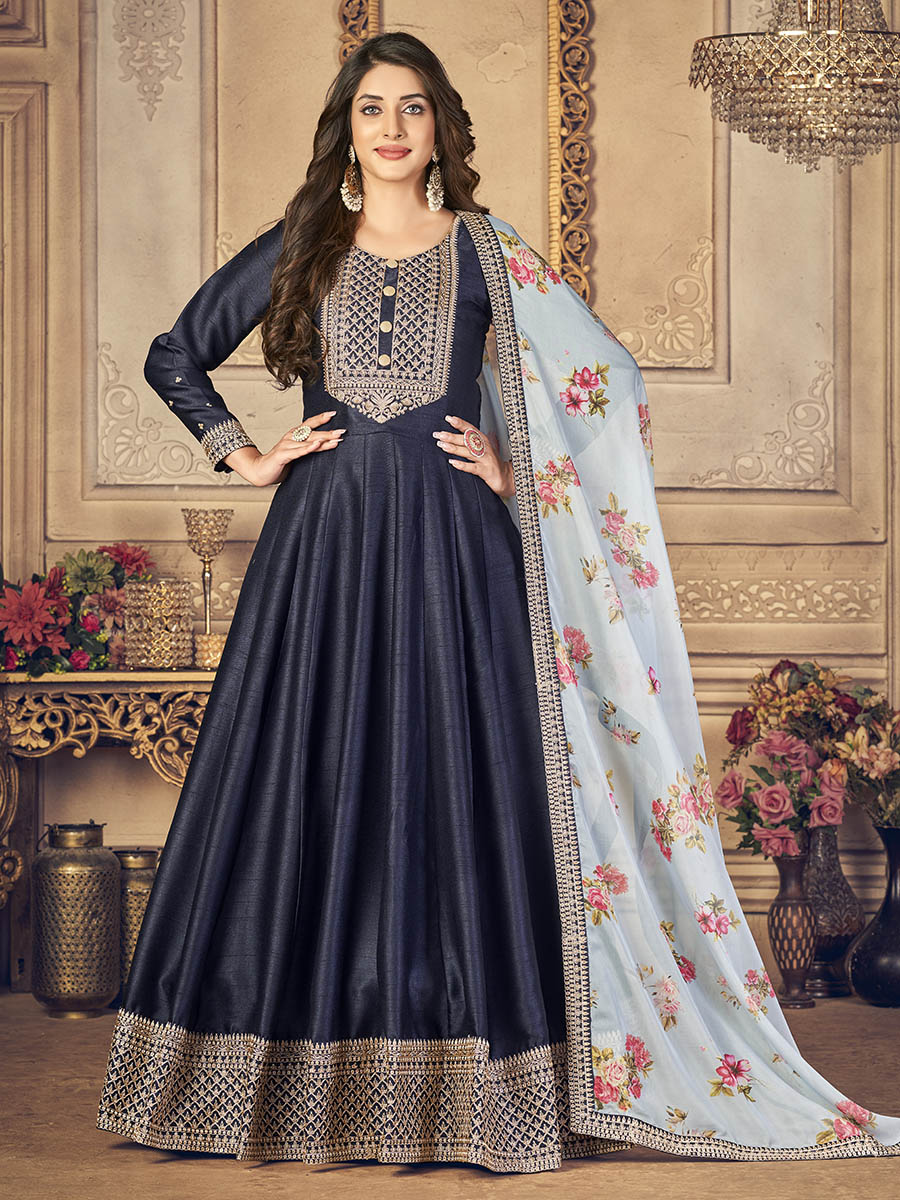 Myra Navy Blue Silk Slub Embroidered Anarkali Suit | Swadesiicart