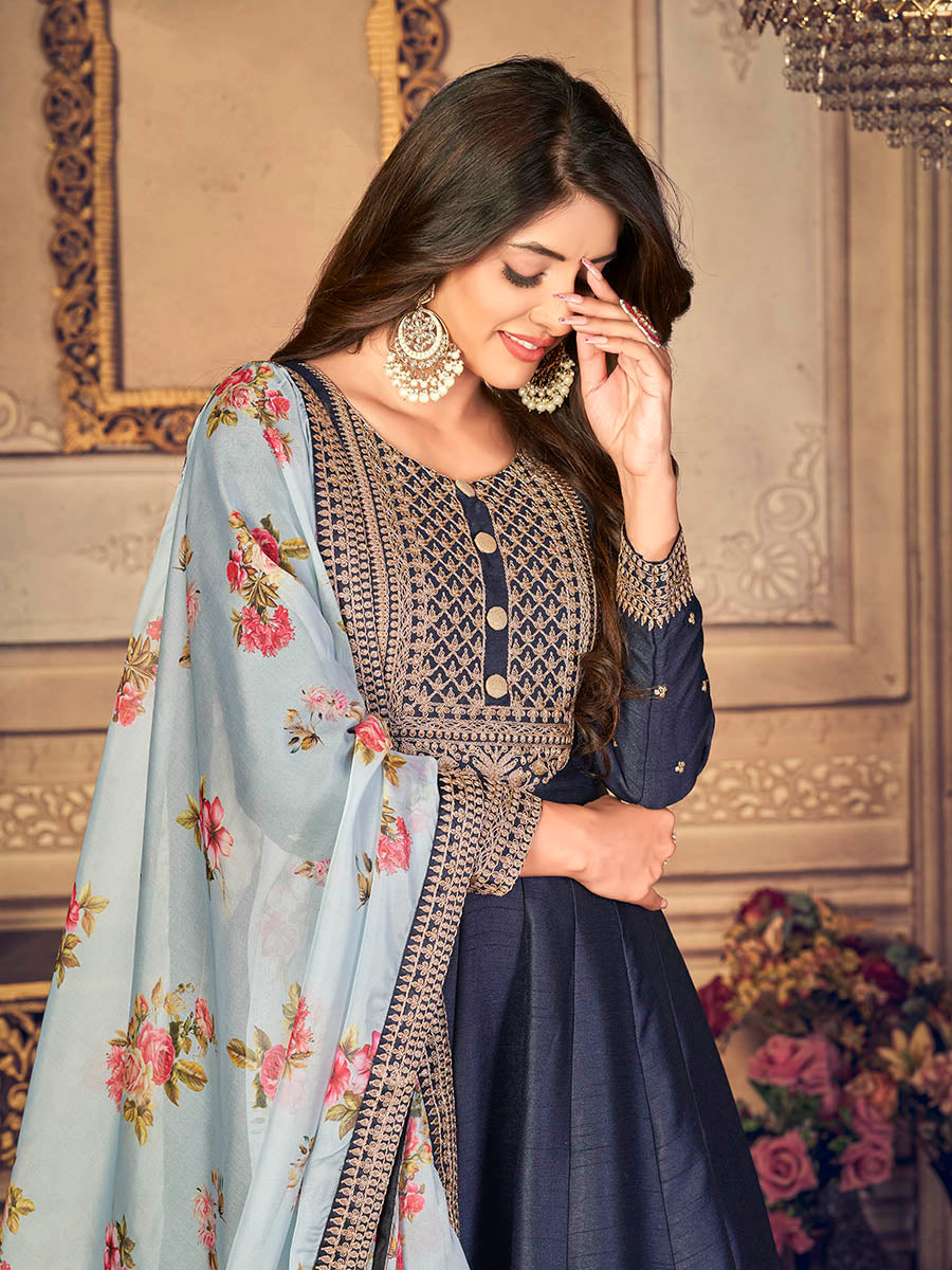 Myra Navy Blue Silk Slub Embroidered Anarkali Suit | Swadesiicart
