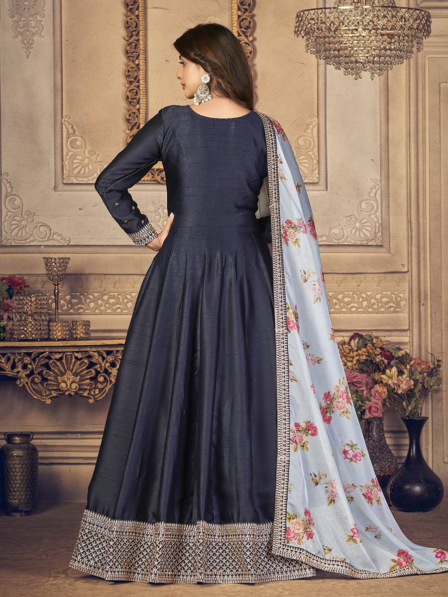 Myra Navy Blue Silk Slub Embroidered Anarkali Suit | Swadesiicart