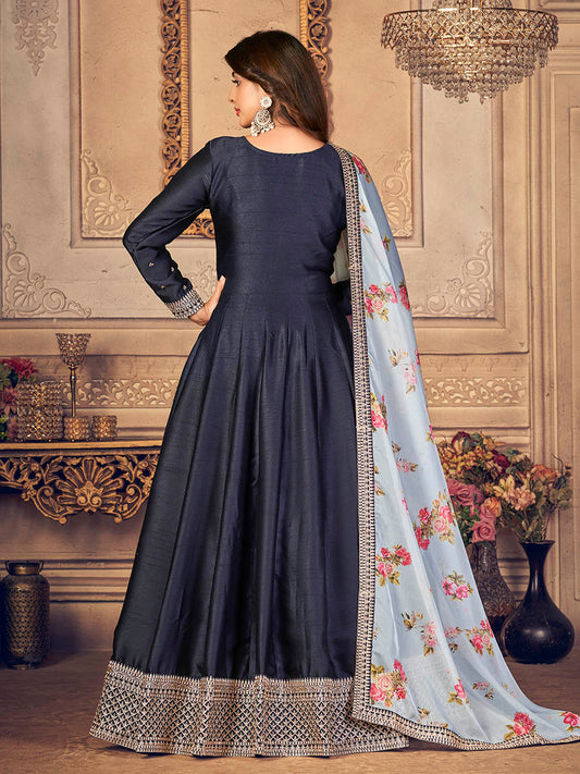 Myra Navy Blue Silk Slub Embroidered Anarkali Suit | Swadesiicart