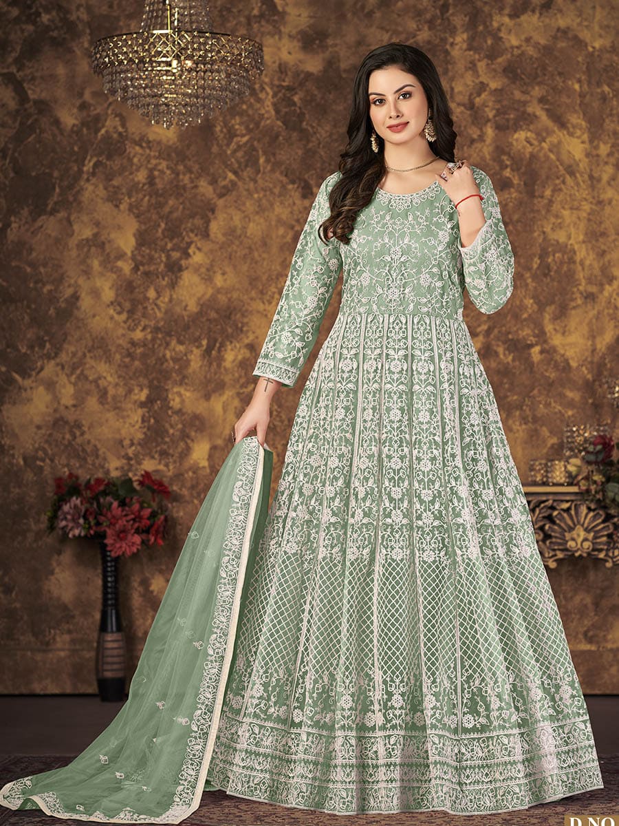Myra Dusty Pista Butterfly Net Embroidered Anarkali Suit | Swadesiicart