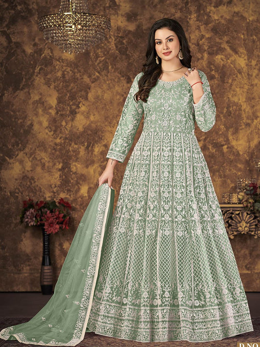 Myra Dusty Pista Butterfly Net Embroidered Anarkali Suit | Swadesiicart