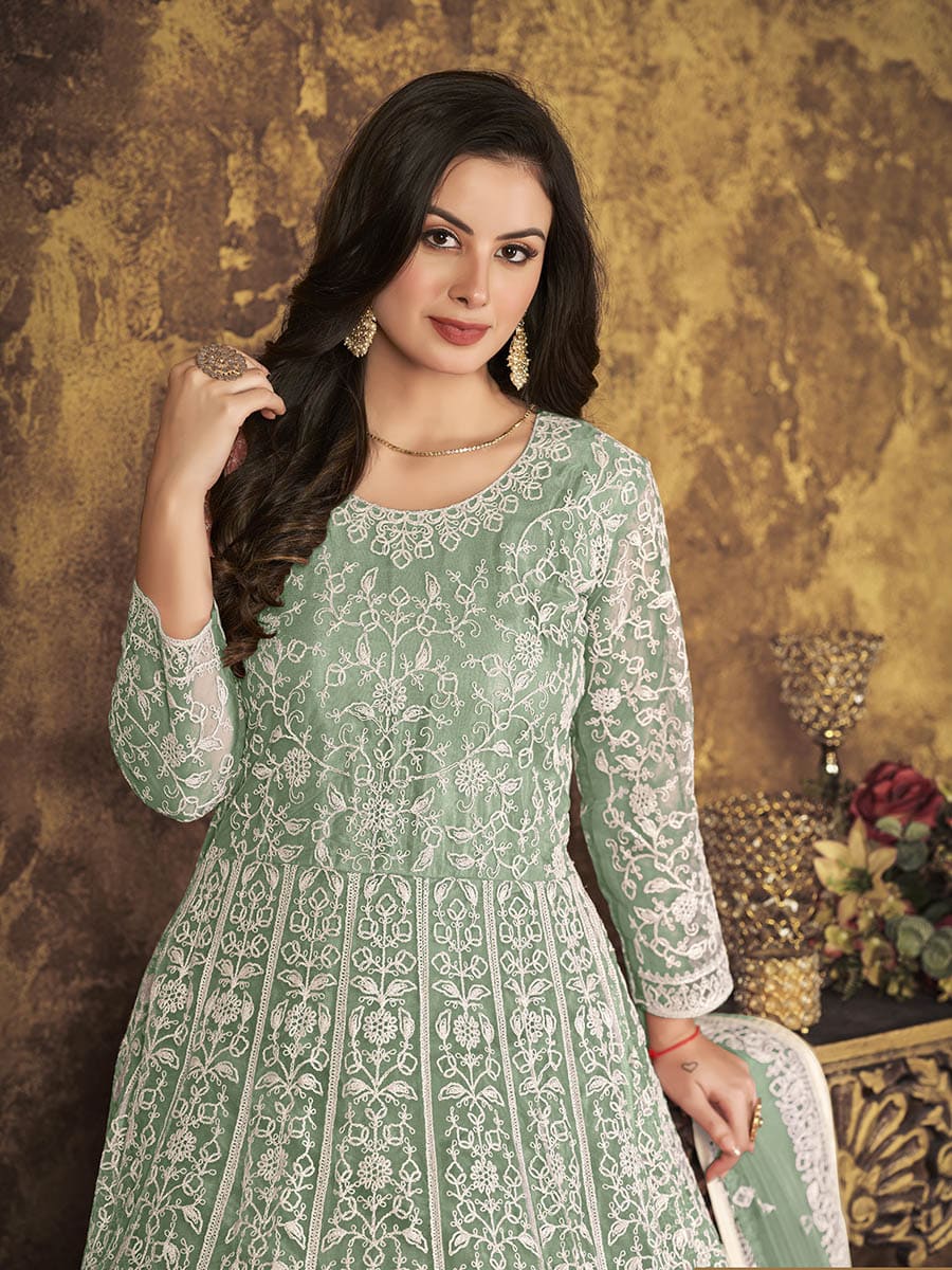 Myra Dusty Pista Butterfly Net Embroidered Anarkali Suit | Swadesiicart