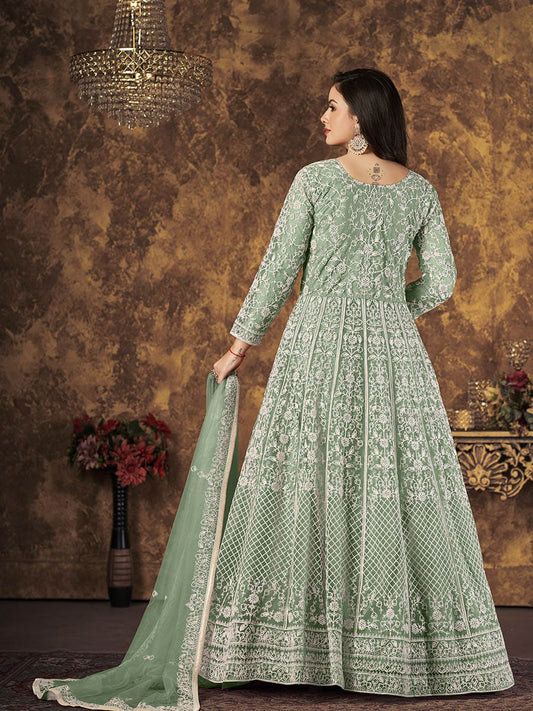 Myra Dusty Pista Butterfly Net Embroidered Anarkali Suit | Swadesiicart
