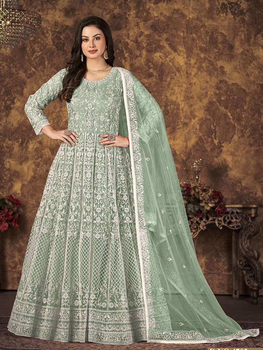 Myra Dusty Pista Butterfly Net Embroidered Anarkali Suit | Swadesiicart