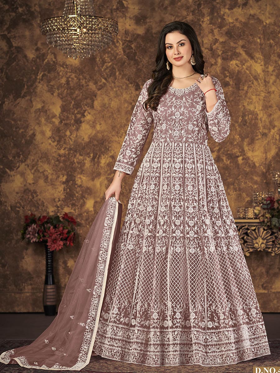 Myra Dusty Brown Butterfly Net Embroidered Anarkali Suit | Swadesiicart
