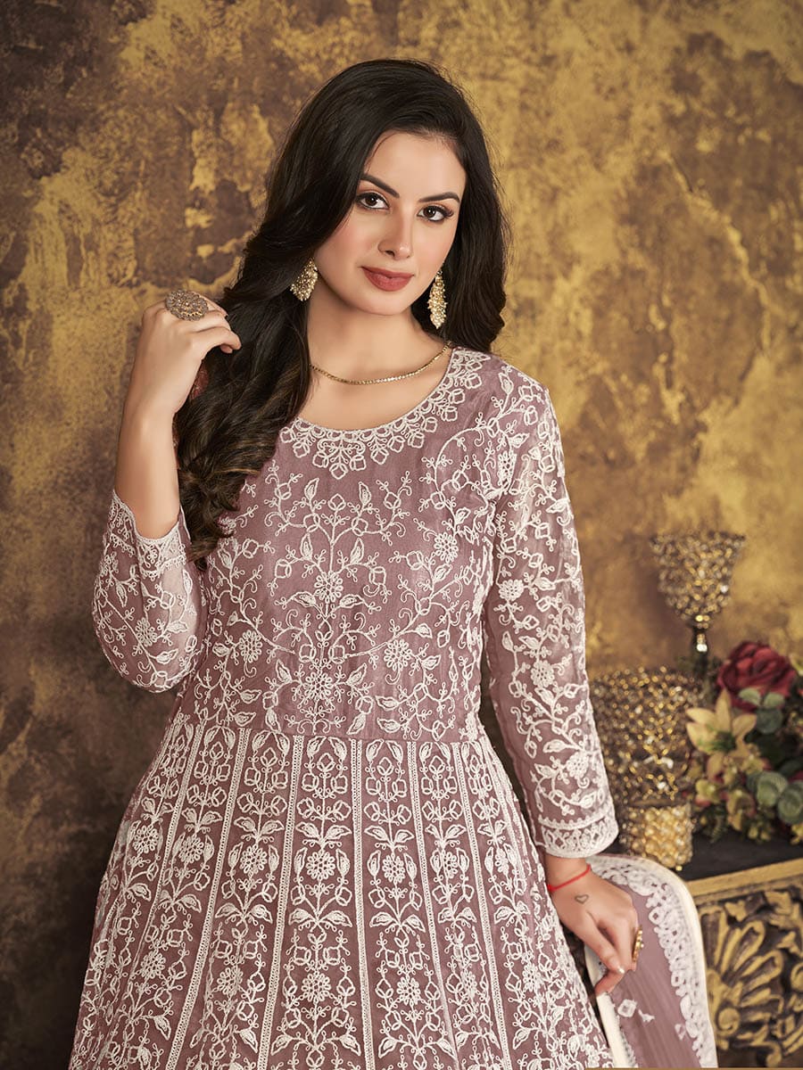 Myra Dusty Brown Butterfly Net Embroidered Anarkali Suit | Swadesiicart