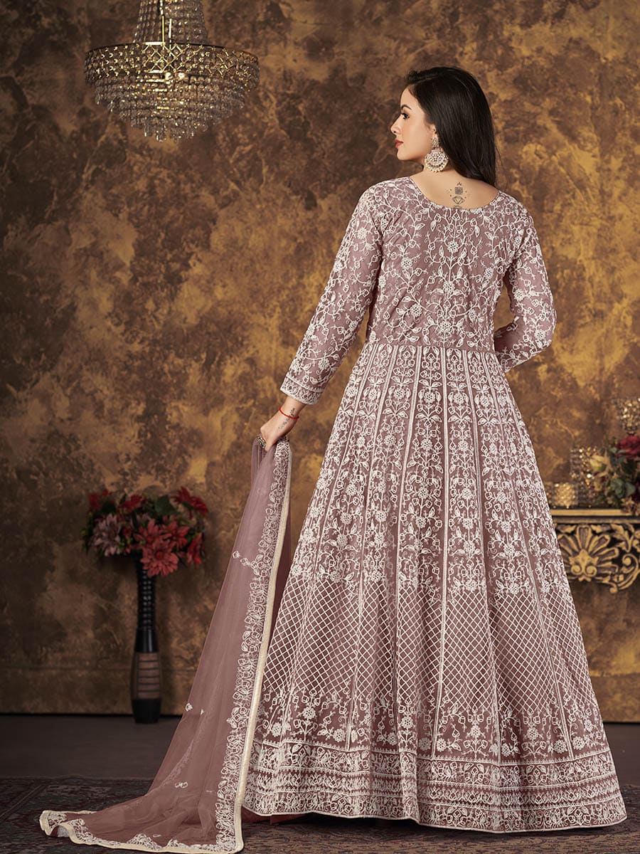 Myra Dusty Brown Butterfly Net Embroidered Anarkali Suit | Swadesiicart