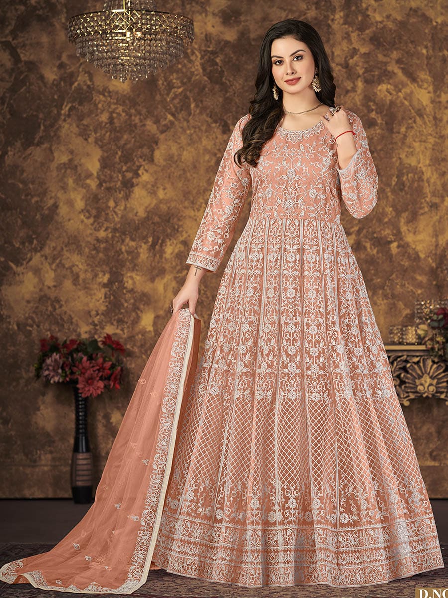 Myra Dusty Peach Butterfly Net Embroidered Anarkali Suit | Swadesiicart
