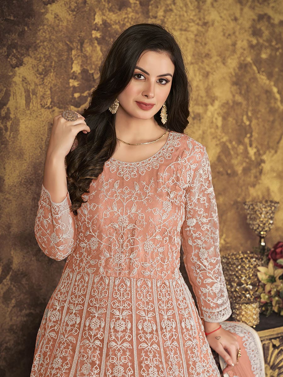 Myra Dusty Peach Butterfly Net Embroidered Anarkali Suit | Swadesiicart