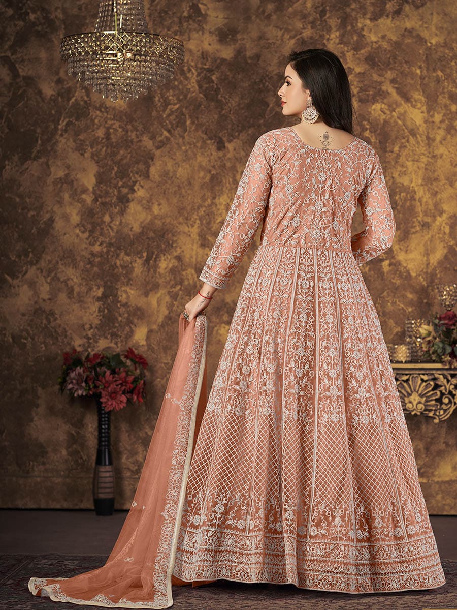 Myra Dusty Peach Butterfly Net Embroidered Anarkali Suit | Swadesiicart
