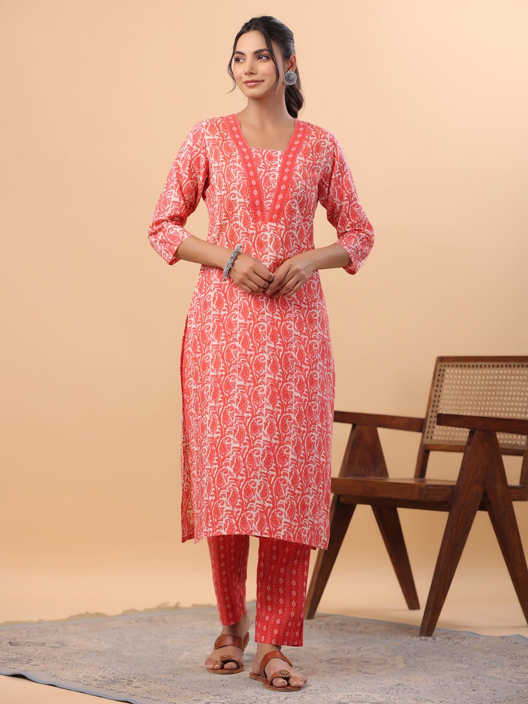 Janasya Regular Poly Cotton Red Printed Square Neck Set - Swadesiicart