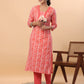 Janasya Regular Poly Cotton Red Printed Square Neck Set - Swadesiicart